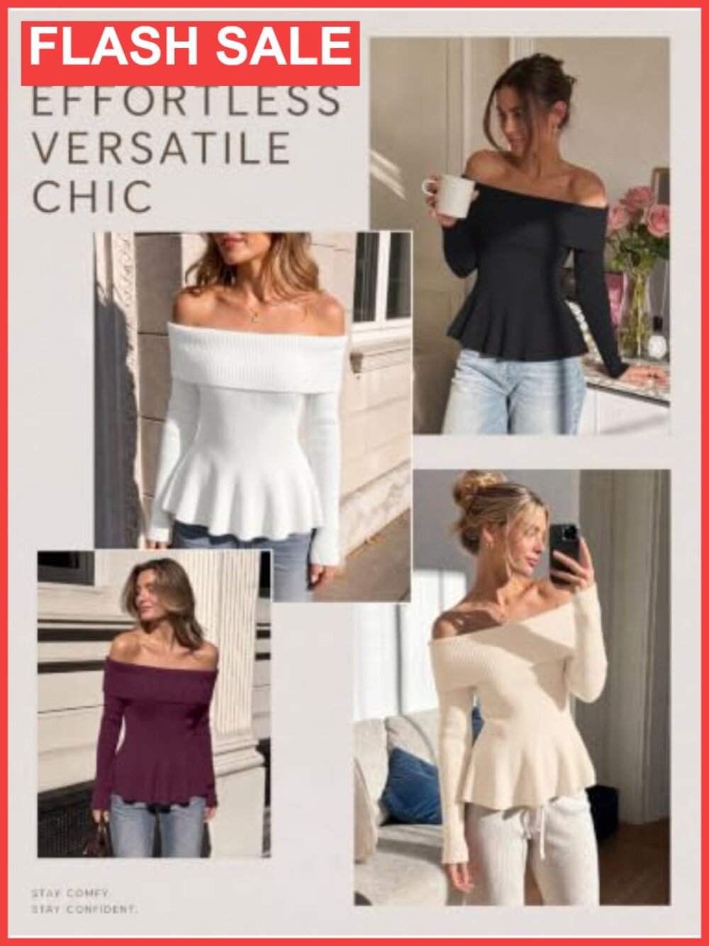 Off Shoulder Babydoll Sweater Ribbed Knit Fall Pullover - Picture 5 of 5
